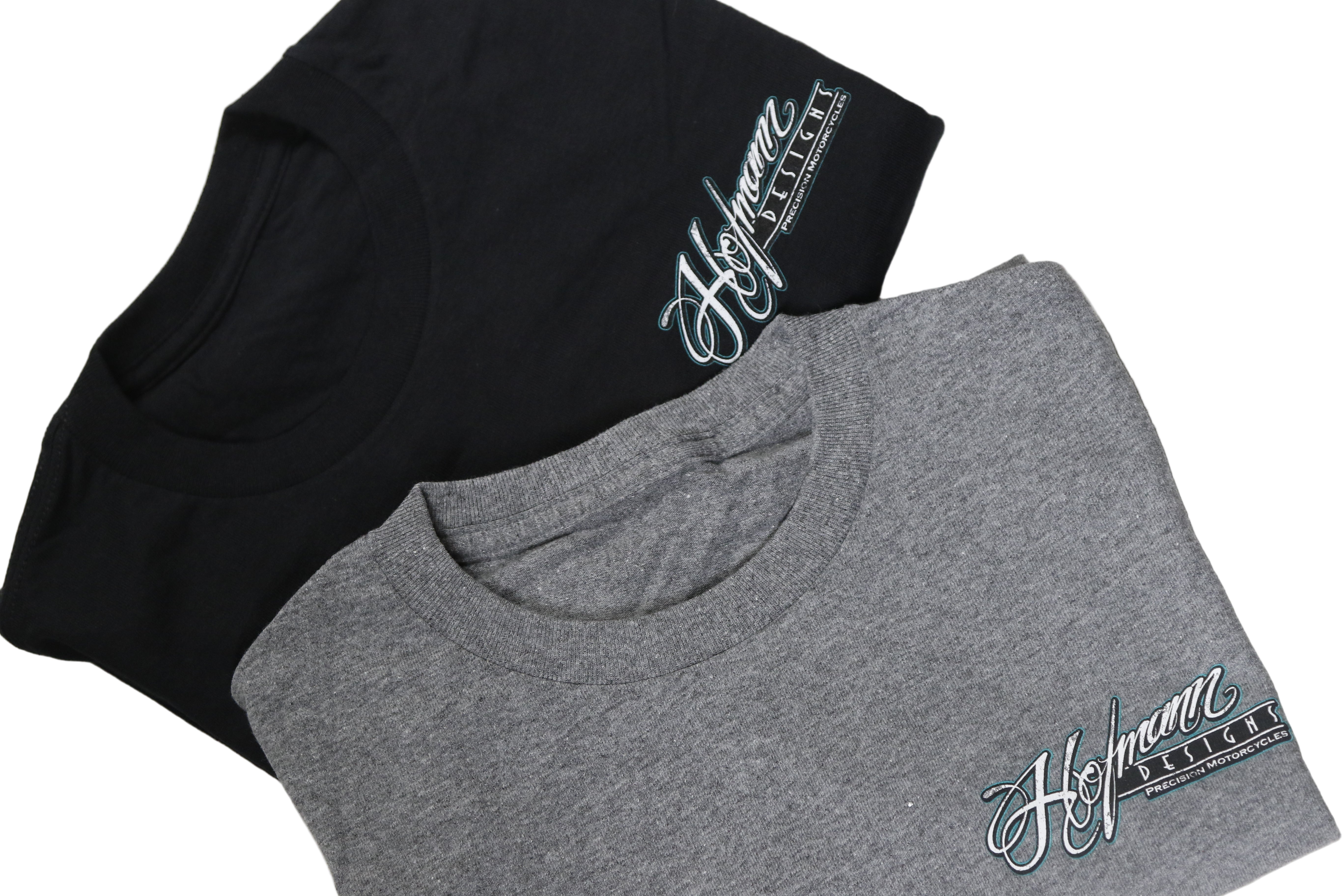Two folded t-shirts, one black and one gray, with a brand logo on a light background.