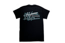 Black t-shirt with white and blue text on a gray background