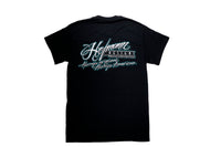 Black t-shirt with white and blue text on a gray background