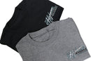 Two folded t-shirts, one black and one gray, with a brand logo on a light background.