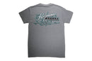 Gray t-shirt with a logo and text on the back against a white background