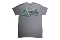Gray t-shirt with a logo and text on the back against a white background